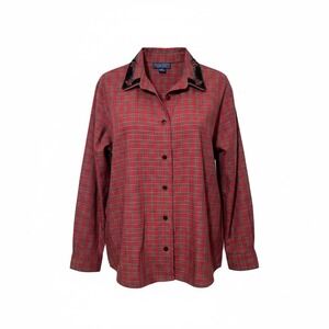 Tartan Plaid Red Green Velvet Trim Poinsettia Collar Shirt Sz M‎ Vtg Karen Scott